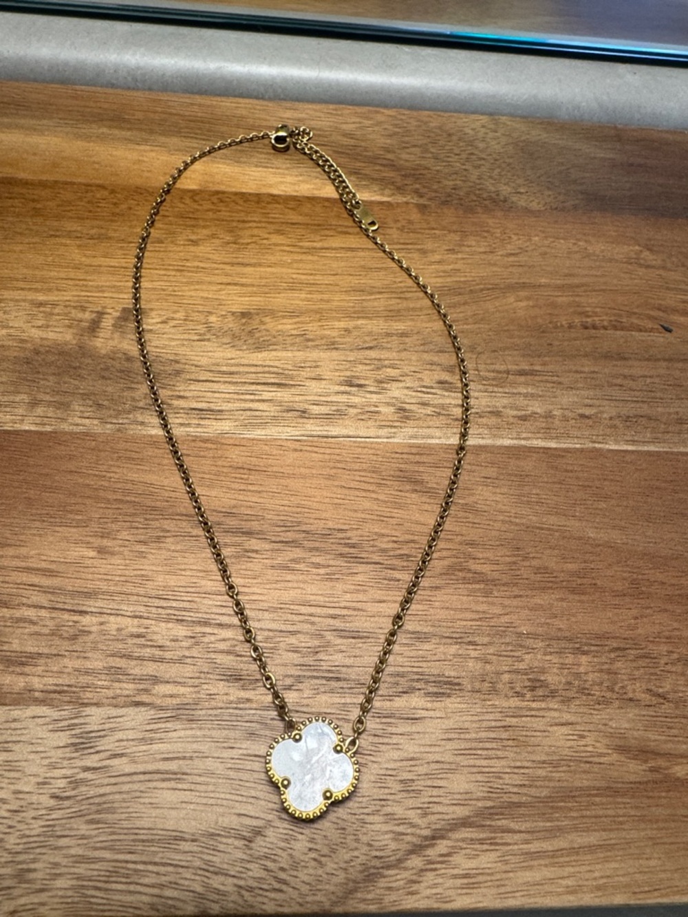 Gold Chain Necklace with White Clover Pendant